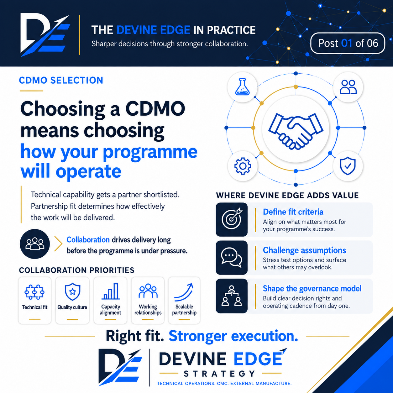 CDMO Selection slide from The Devine Edge in Practice series